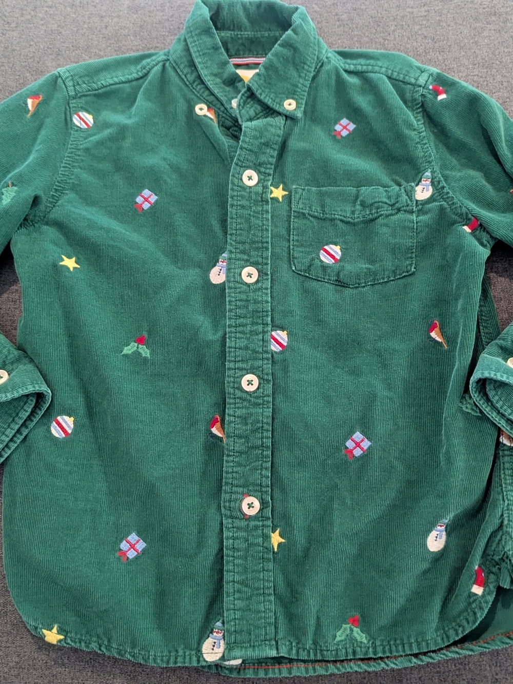 Mini Boden Green Corduroy Button-Up Shirt with Holiday Embroidery